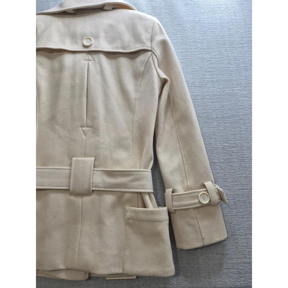 Moda International Belted Pea Coat Women Small Beige Wool Double Breasted Winter